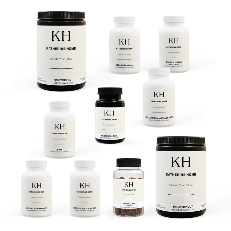 Katherine Home supplement collection featuring Pre-Workout, protein, capsules, and powder formulas arranged on a white background.