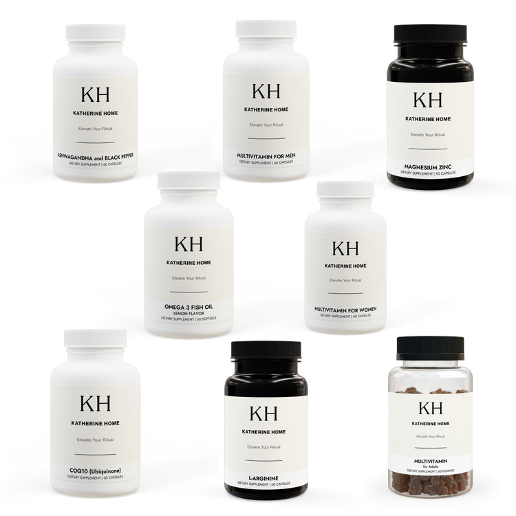 A collection of Katherine Home Libido Health supplements in minimalist white bottles, designed to support sexual wellness and vitality.