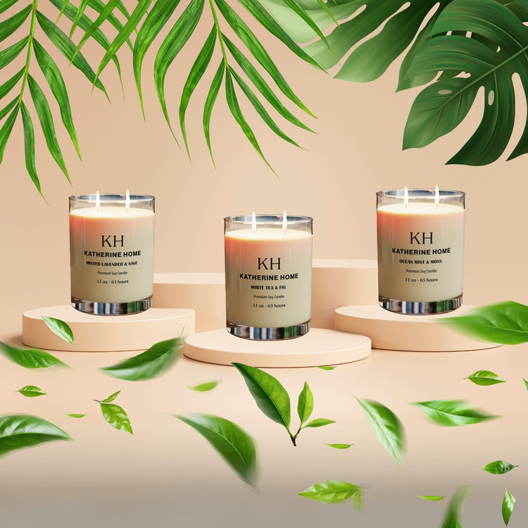 Katherine Home luxury candle jars displayed on a light surface, showcasing elegant labels and minimalist design.