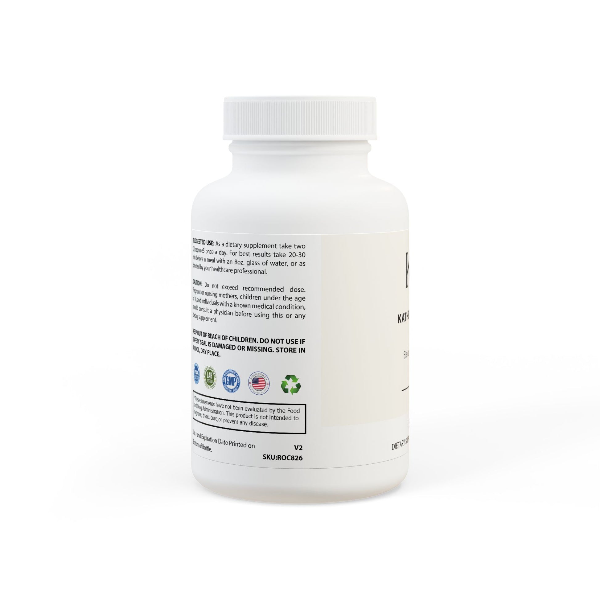 Side panel showing non-GMO, corn-free, lactose-free, and third-party tested features.