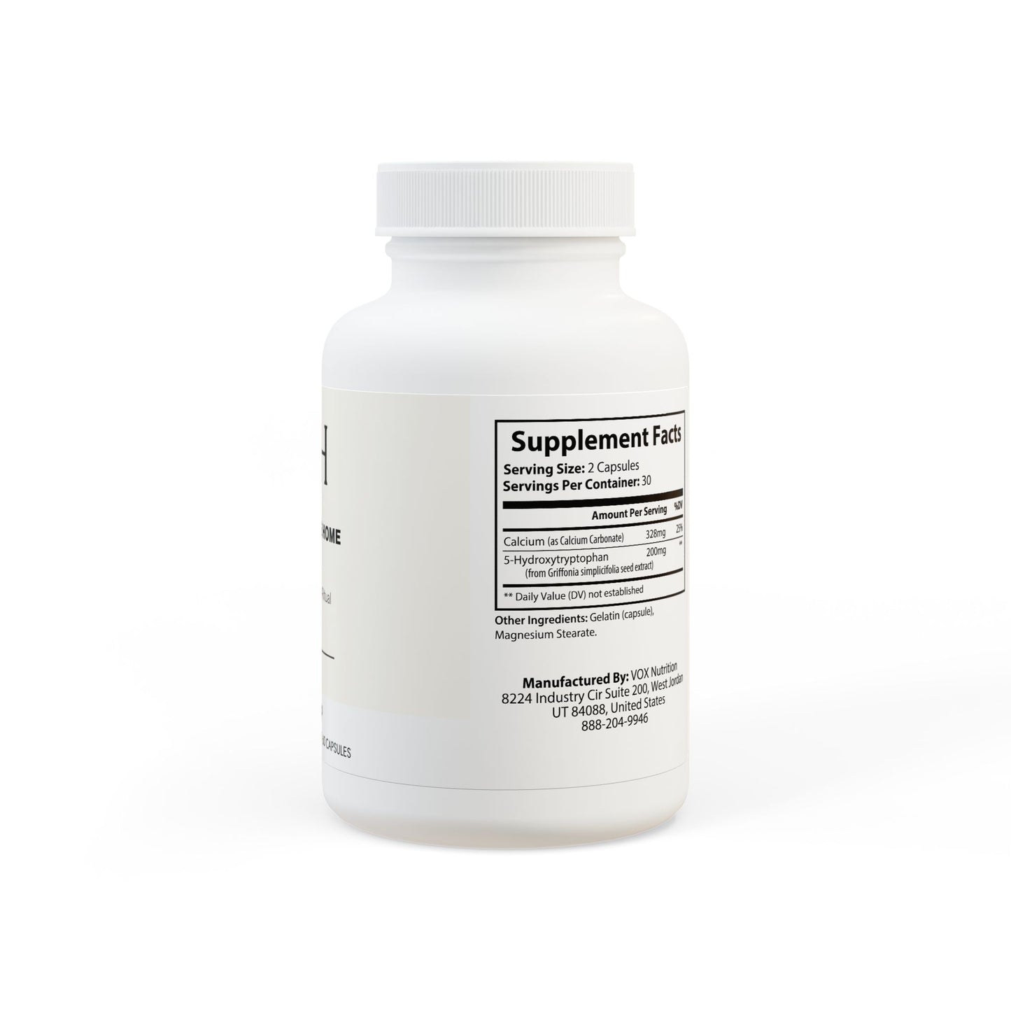 Detailed supplement facts showing 5-HTP content and calcium.