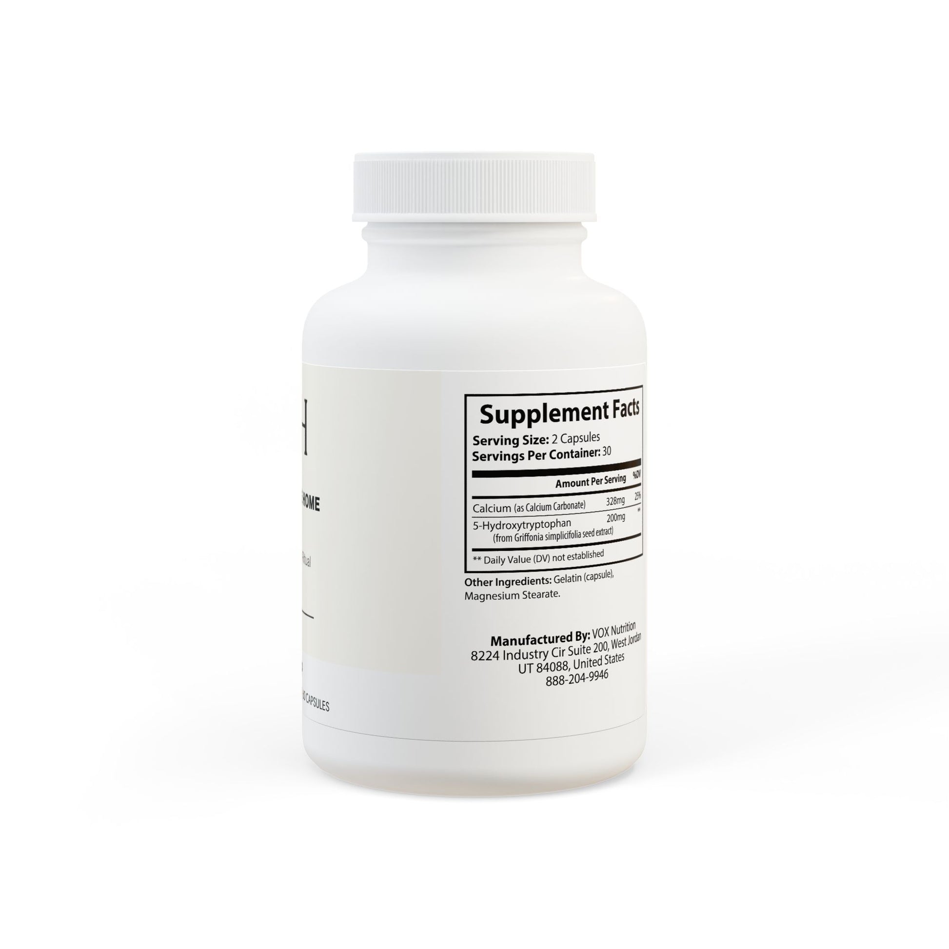 Detailed supplement facts showing 5-HTP content and calcium.