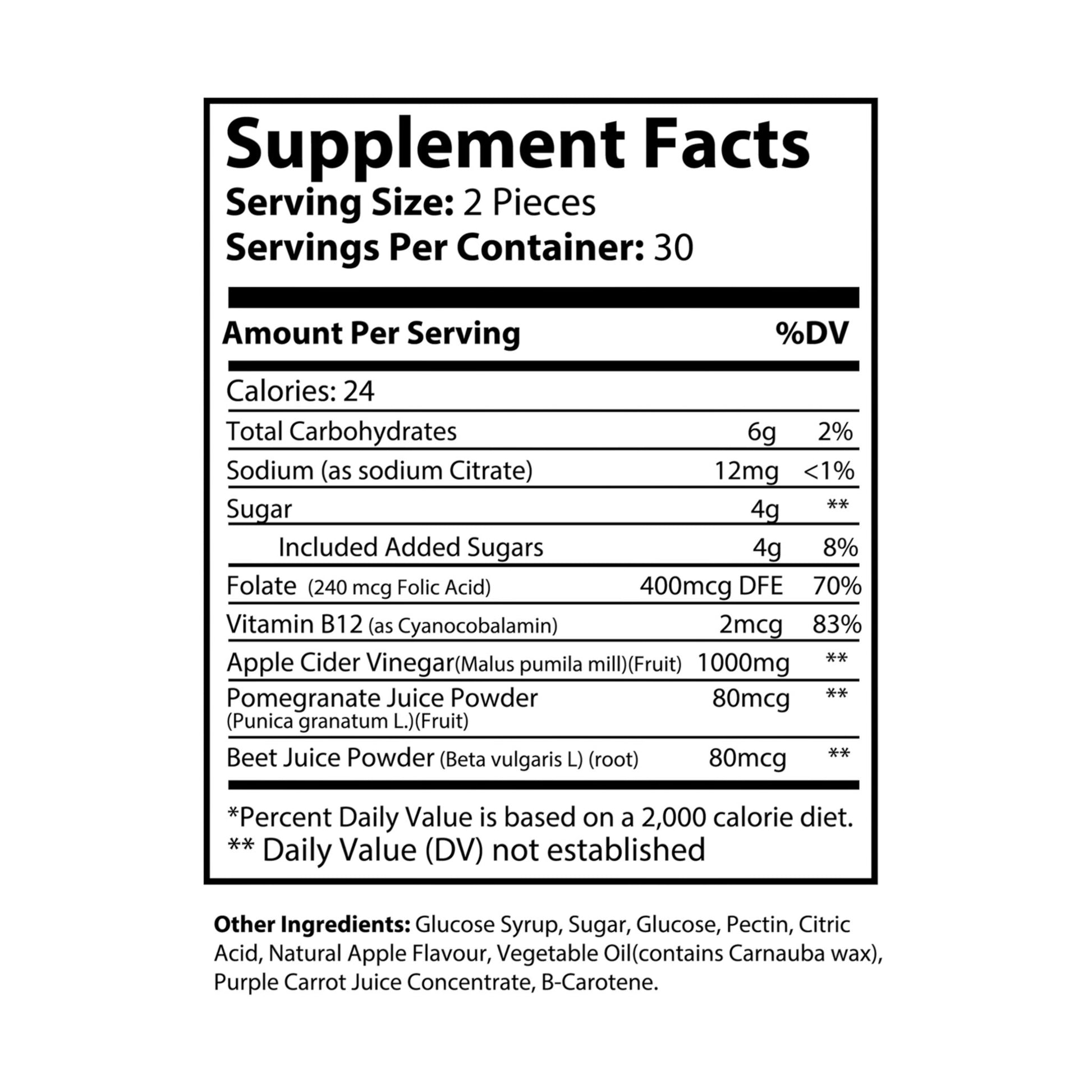 Flat image of the label displaying supplement facts, vitamin content, and active ingredients.