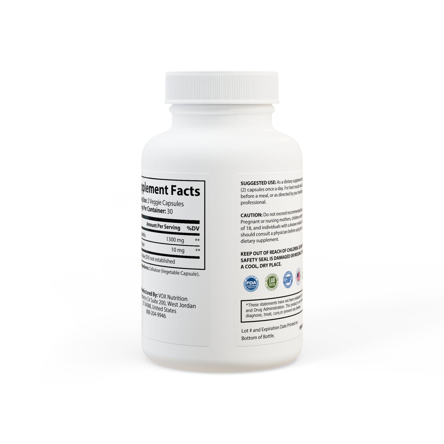 Full back view of the bottle with additional product and regulatory information.