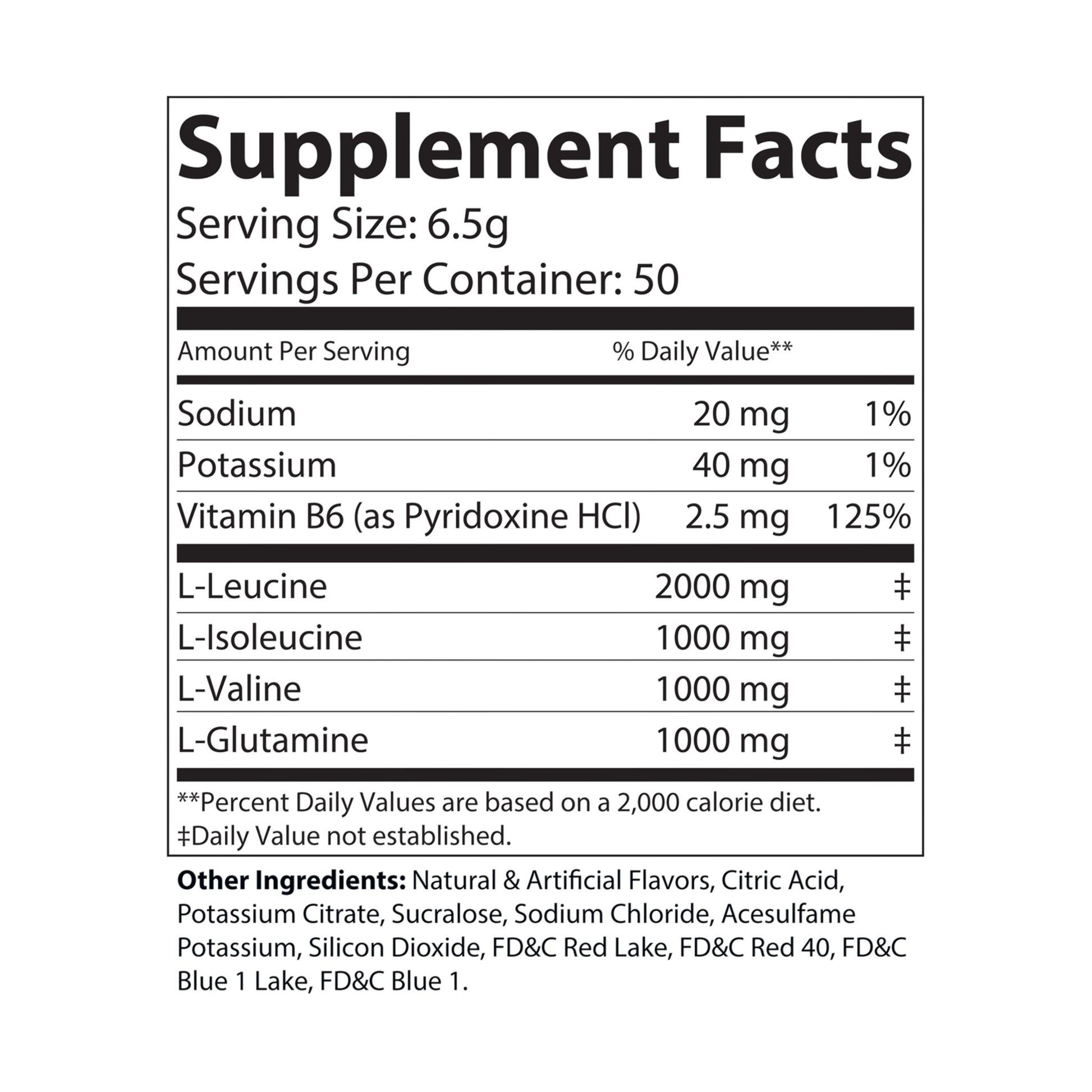Flat image of nutritional label with amino acid breakdown, vitamins, and minerals.
