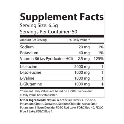 Flat image of nutritional label with amino acid breakdown, vitamins, and minerals.
