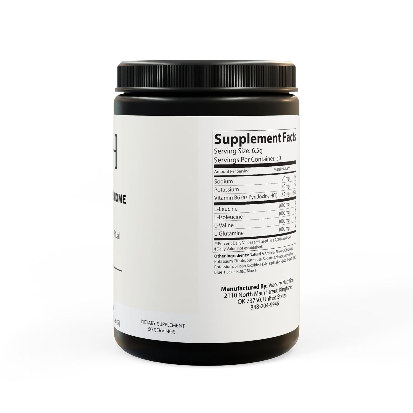 Right-side jar image displaying nutritional information, serving size, and amino acid profile.