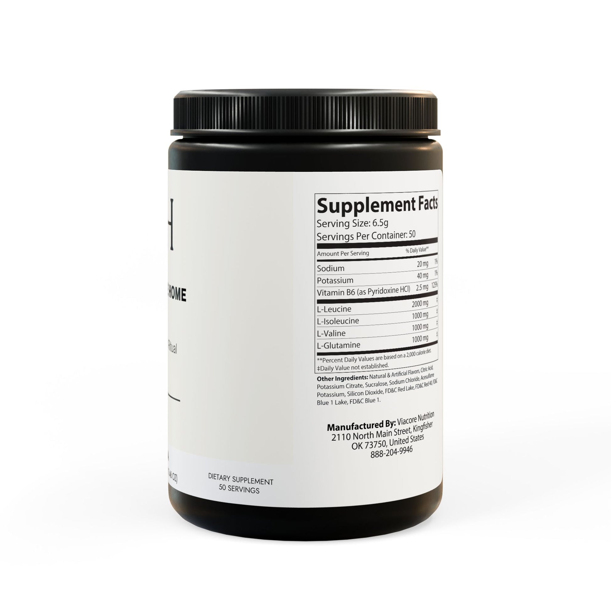 Right-side jar image displaying nutritional information, serving size, and amino acid profile.
