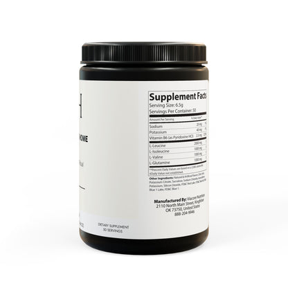 Right-side jar image displaying nutritional information, serving size, and amino acid profile.