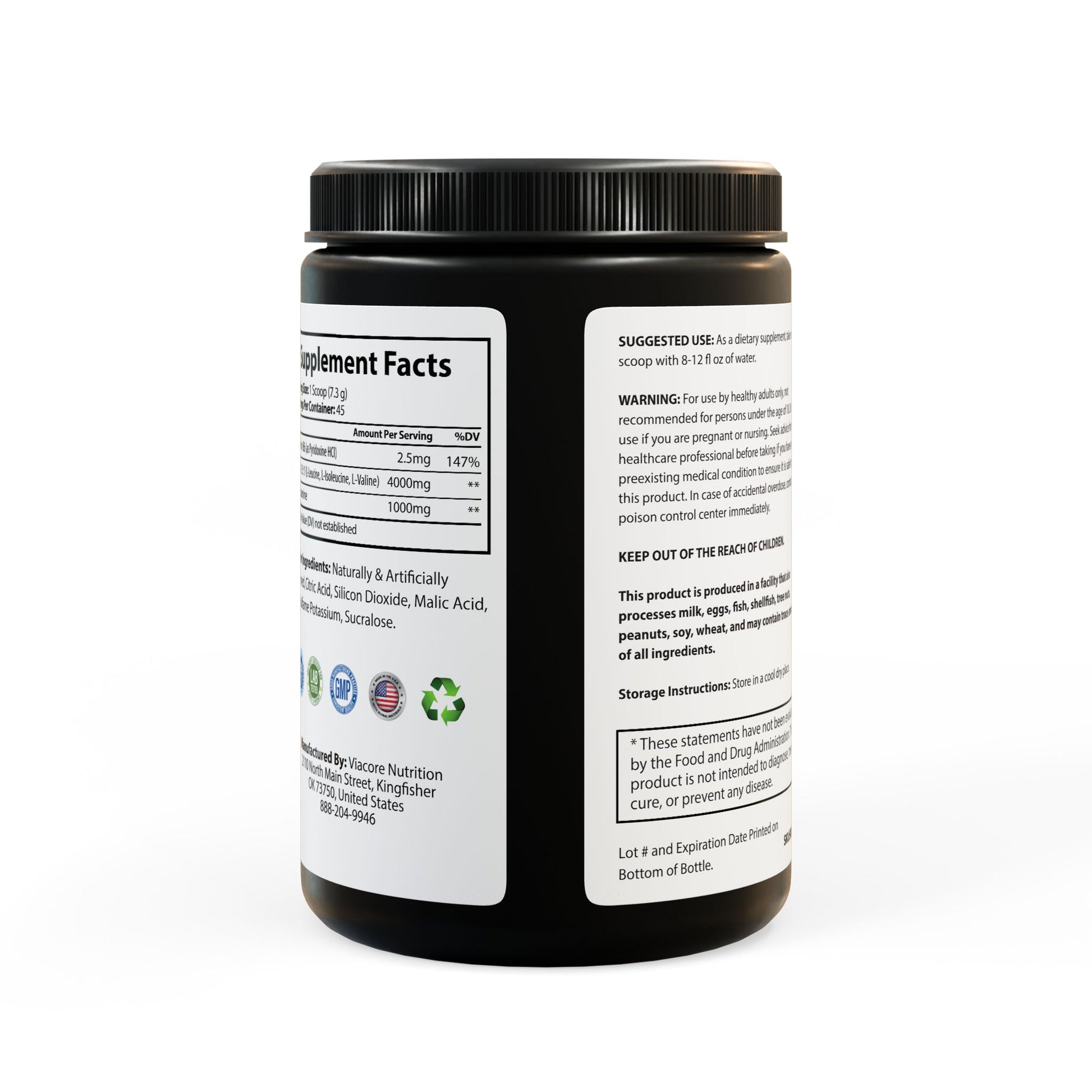 Rear label with usage instructions, ingredients, and storage details.