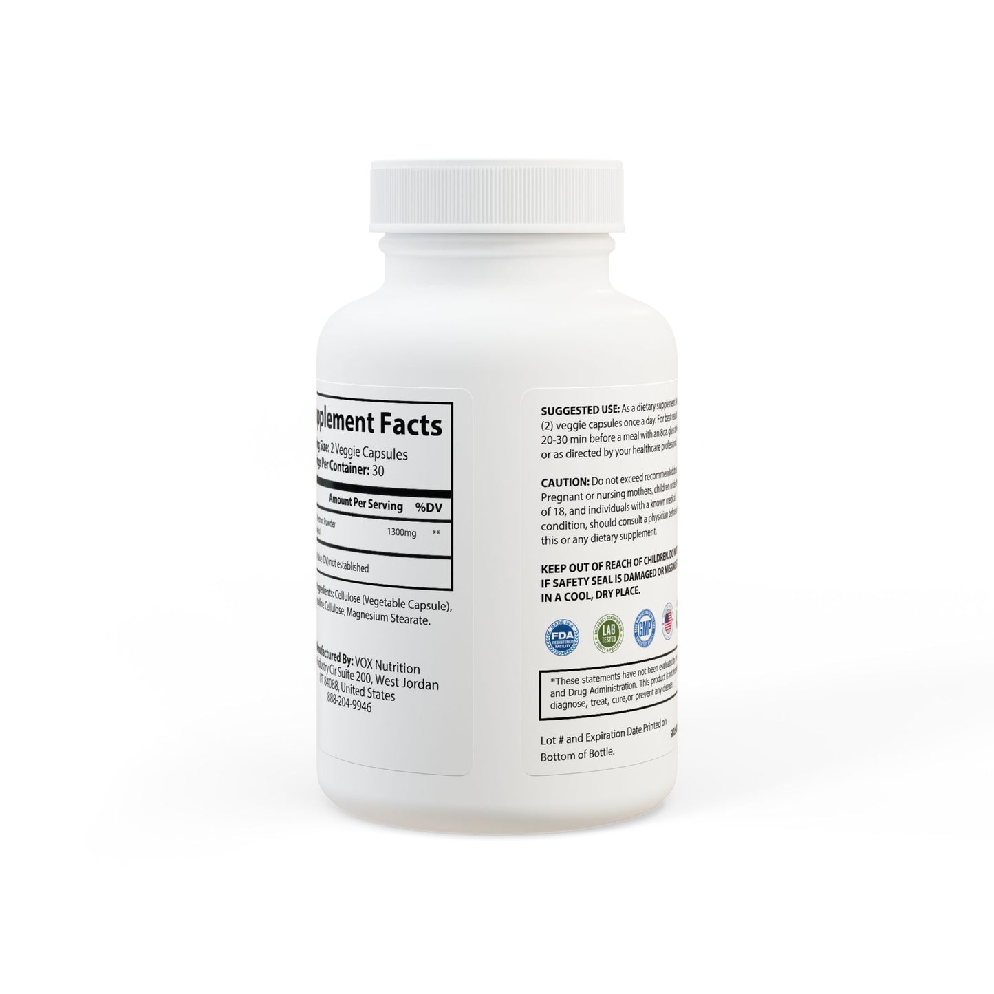 Rear-facing image of the bottle with wraparound label and regulatory information.