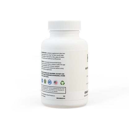 Left-facing bottle showing icons for vegan, vegetarian, non-GMO, and third-party tested quality.