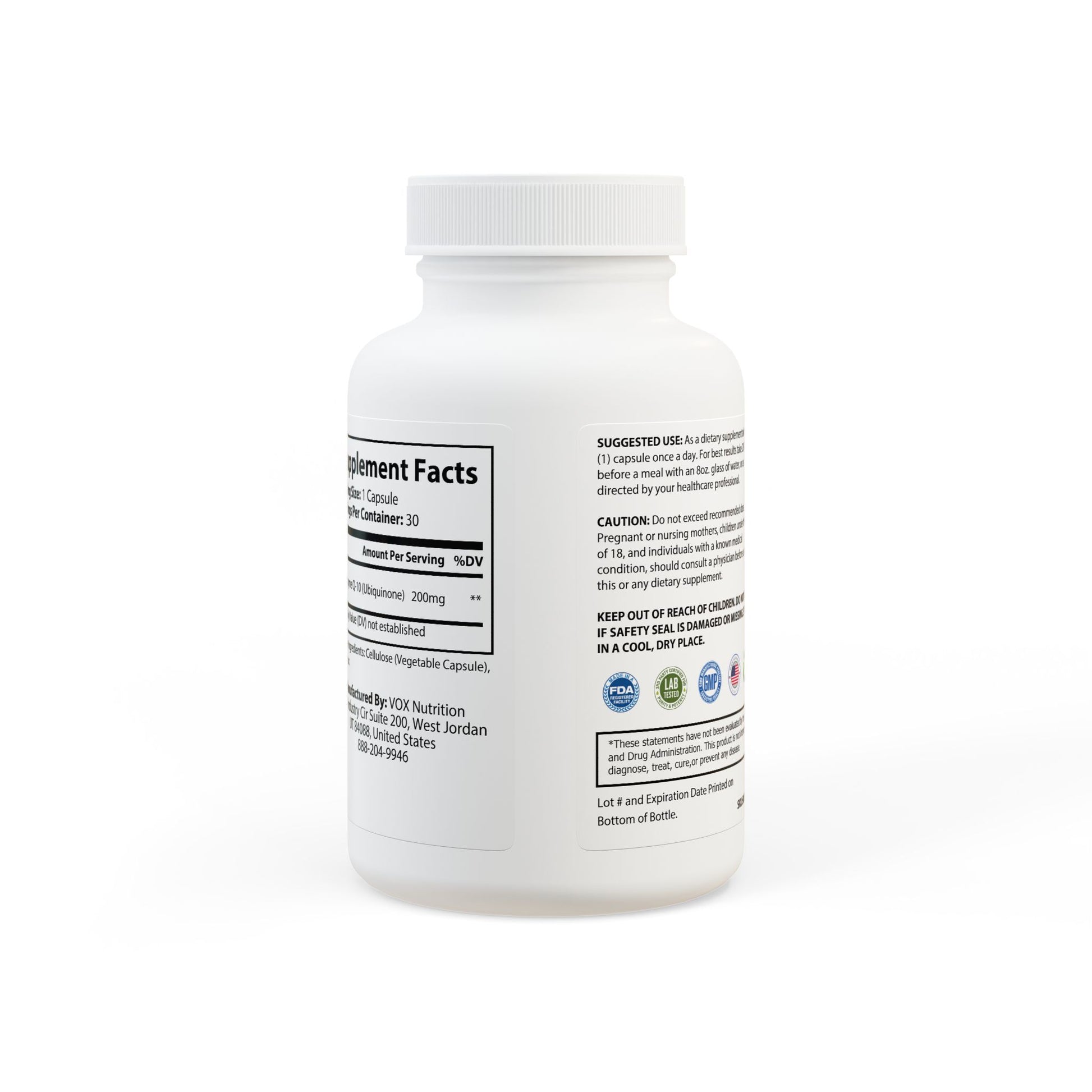 Rear label with dosage, ingredient list, and directions.