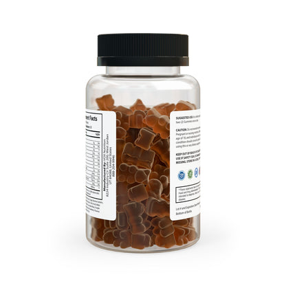 Full back view of the bottle with wraparound label and visible collagen gummy cubes.