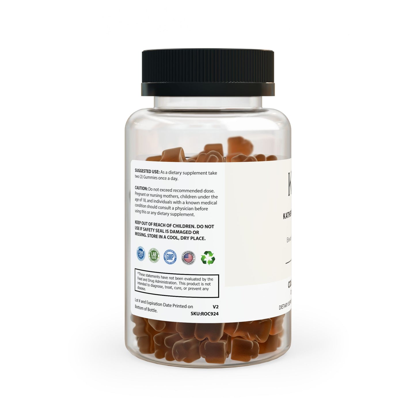 Left side of bottle displaying non-GMO, third-party tested, GMP-certified, and corn-free badges.