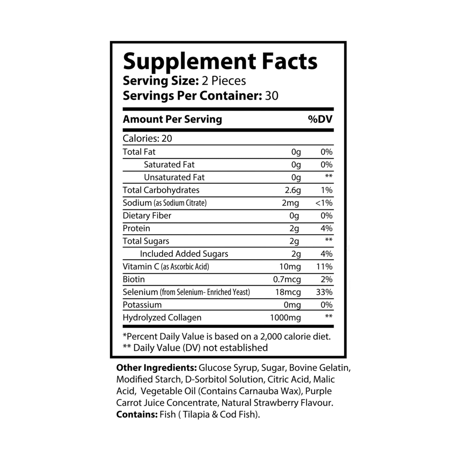 Flat image of supplement facts including dosage, vitamins, minerals, and active ingredients per serving.