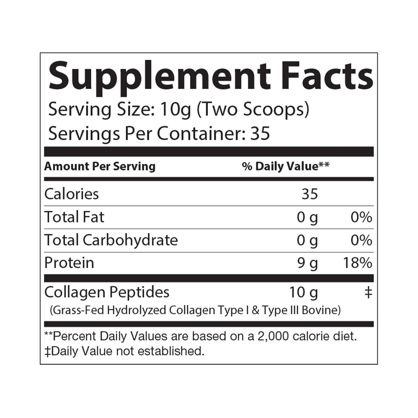 Flat lay image of supplement label showing 10g serving size and Type I & III collagen content per serving.