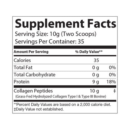 Flat lay image of supplement label showing 10g serving size and Type I & III collagen content per serving.