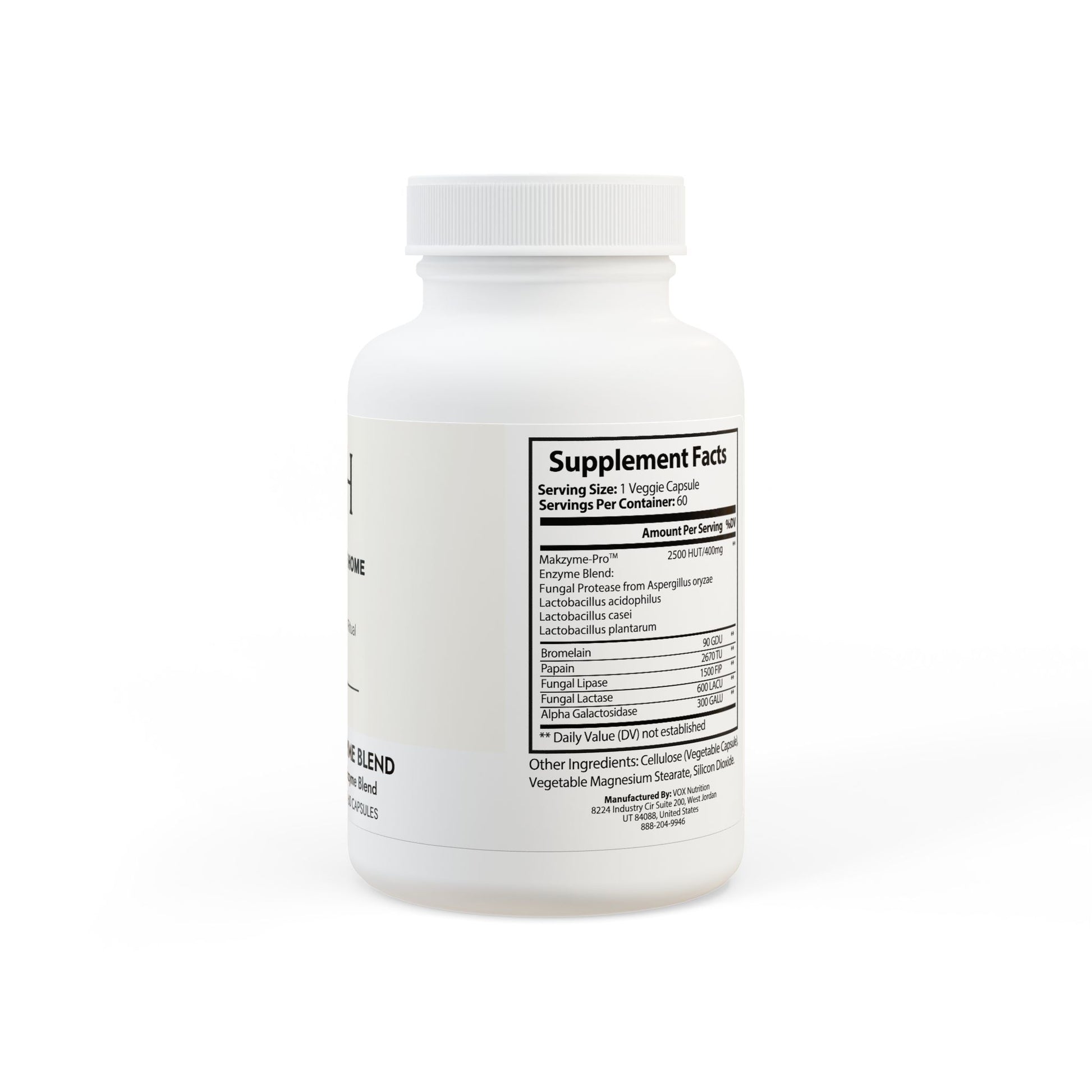 Detailed supplement facts with enzyme blend breakdown and serving size.