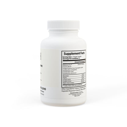 Detailed supplement facts with enzyme blend breakdown and serving size.