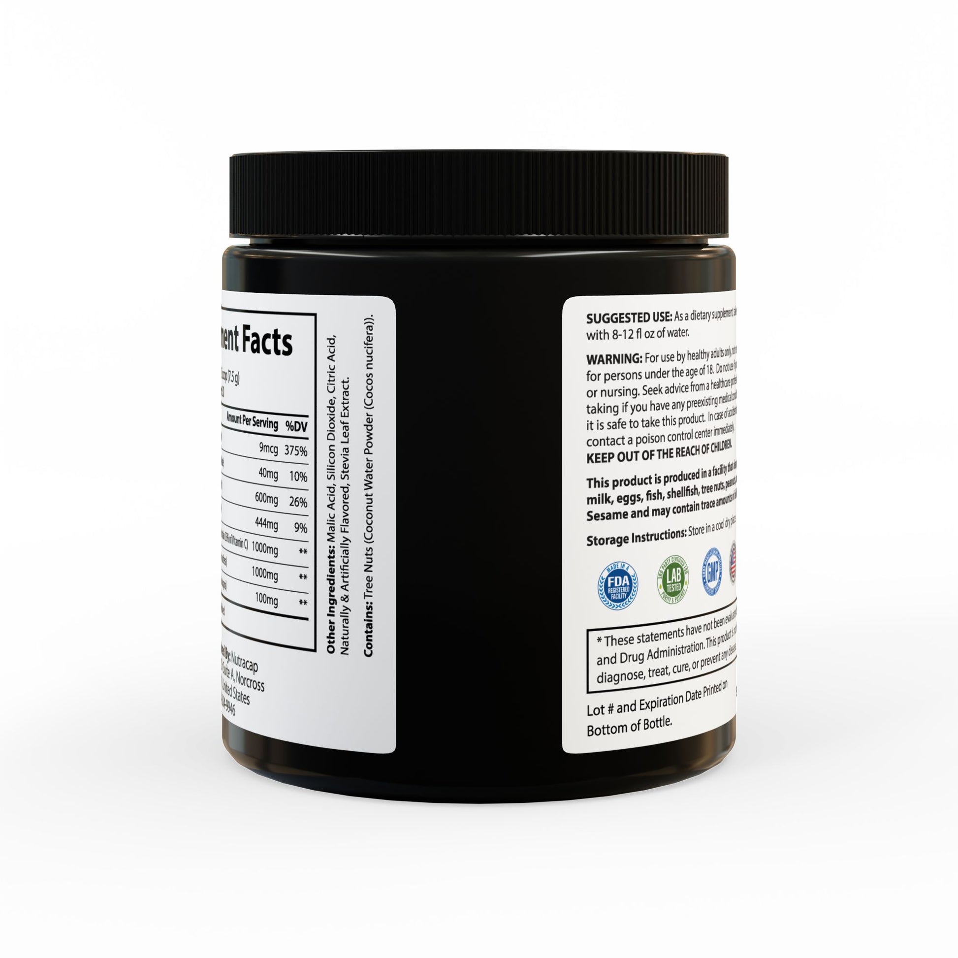Rear jar view with wraparound label and regulatory details.