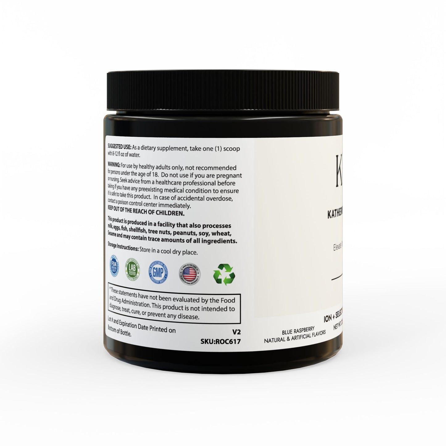 Left-side jar view displaying vegan, corn-free, lactose-free, and third-party tested icons.