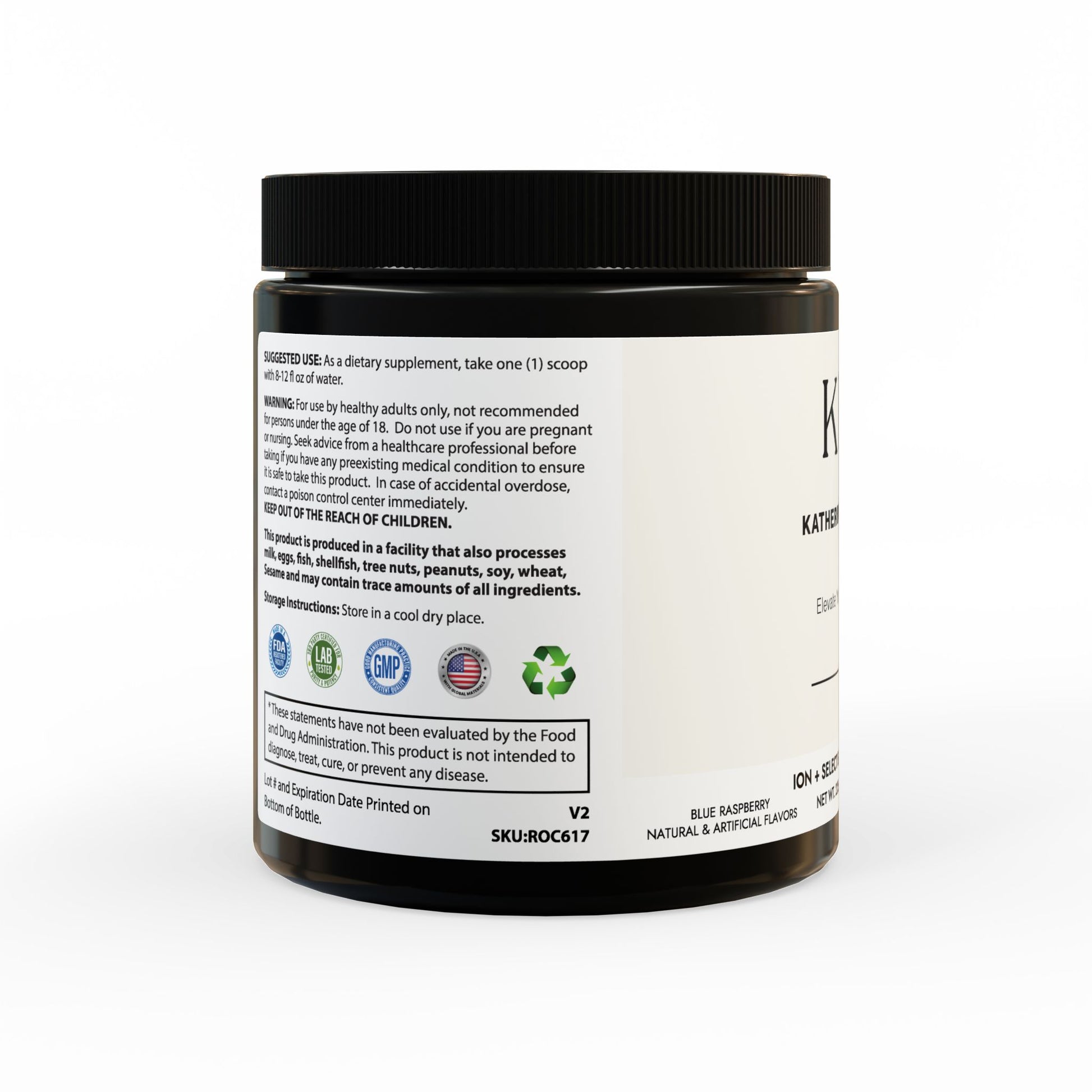 Left-side jar view displaying vegan, corn-free, lactose-free, and third-party tested icons.