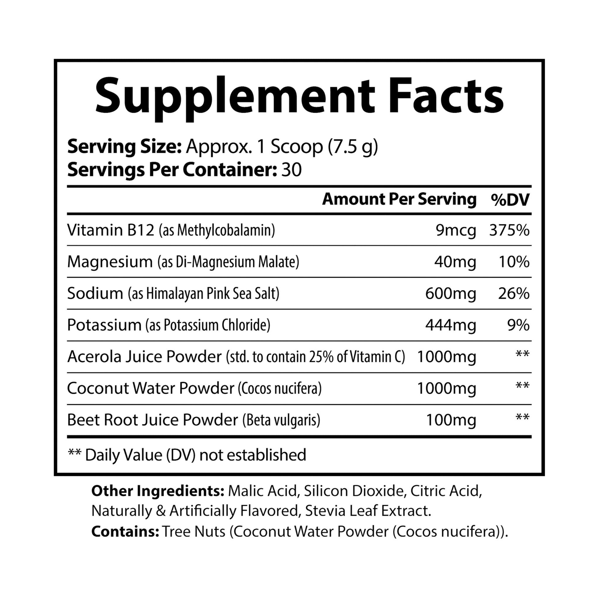 Flat label image showing electrolyte profile, vitamin content, and superfood blend.