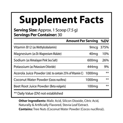 Flat label image showing electrolyte profile, vitamin content, and superfood blend.