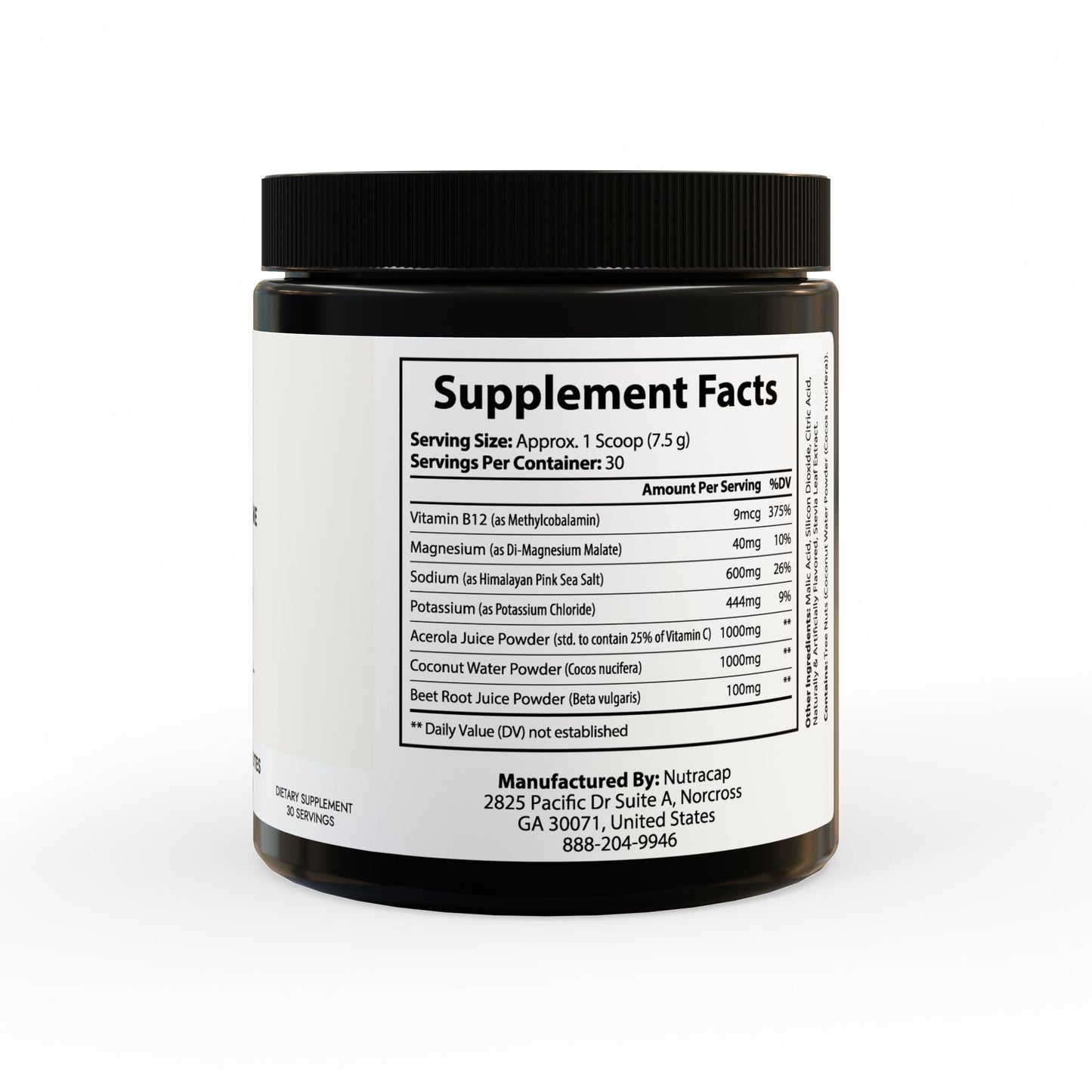 Right-facing jar showing supplement facts, serving size, and ingredient breakdown.