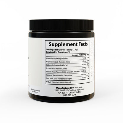 Right-facing jar showing supplement facts, serving size, and ingredient breakdown.