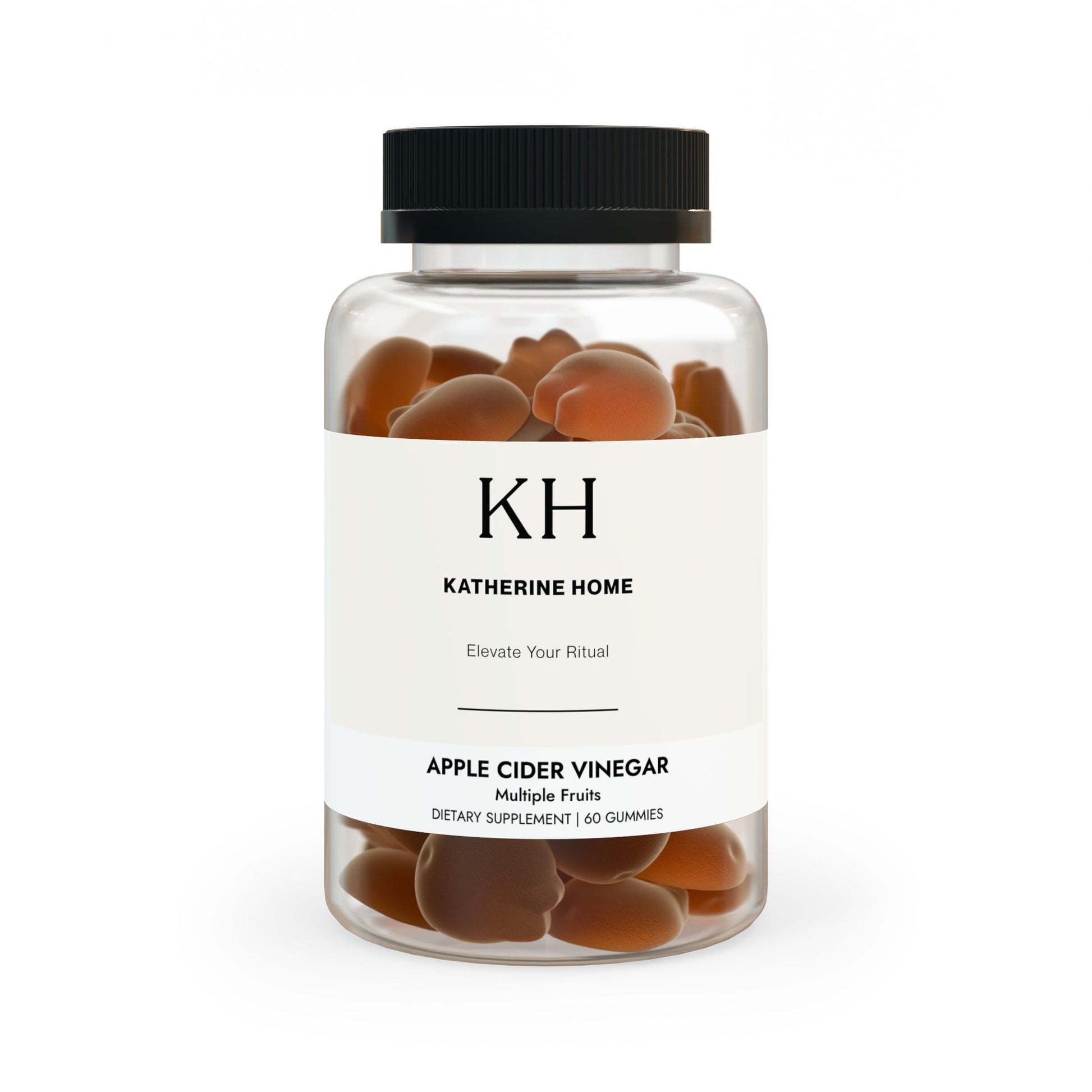 Front view of the Apple Cider Vinegar Gummies bottle featuring KH minimalist branding and amber-colored gummies.