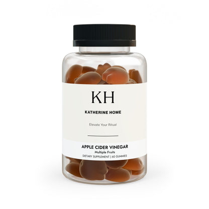 Front view of the Apple Cider Vinegar Gummies bottle featuring KH minimalist branding and amber-colored gummies.
