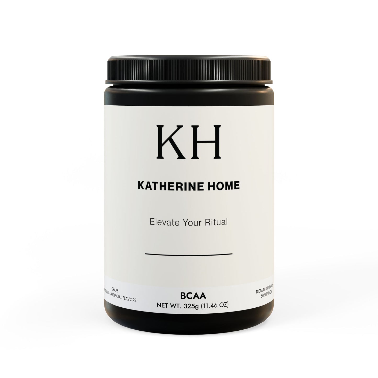 Front-facing view of the BCAA supplement jar in grape flavor with KH minimalist branding.