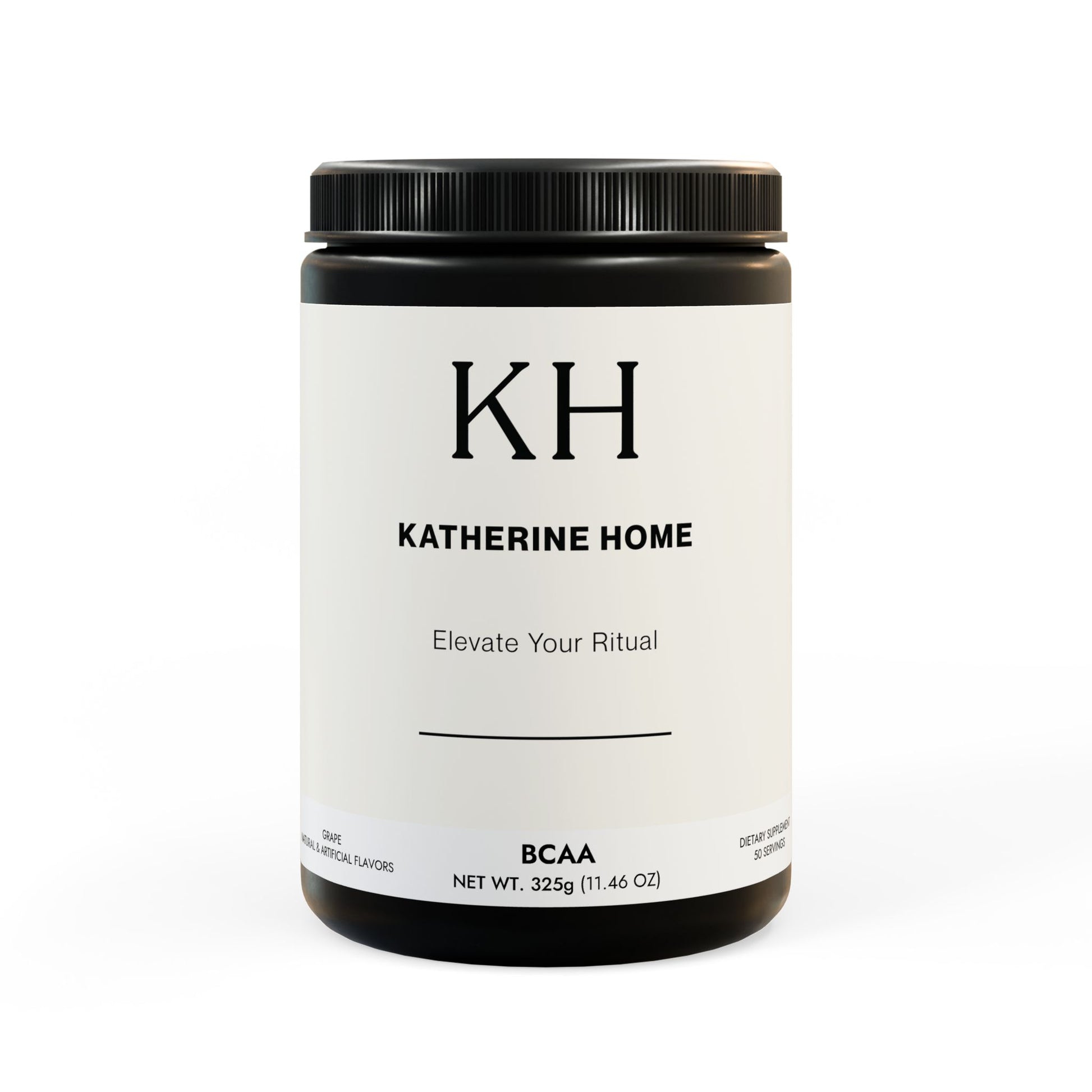 Front-facing view of the BCAA supplement jar in grape flavor with KH minimalist branding.
