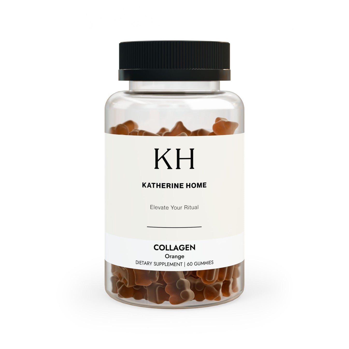 Front-facing bottle showing the KH minimalist label and amber-hued collagen gummies.