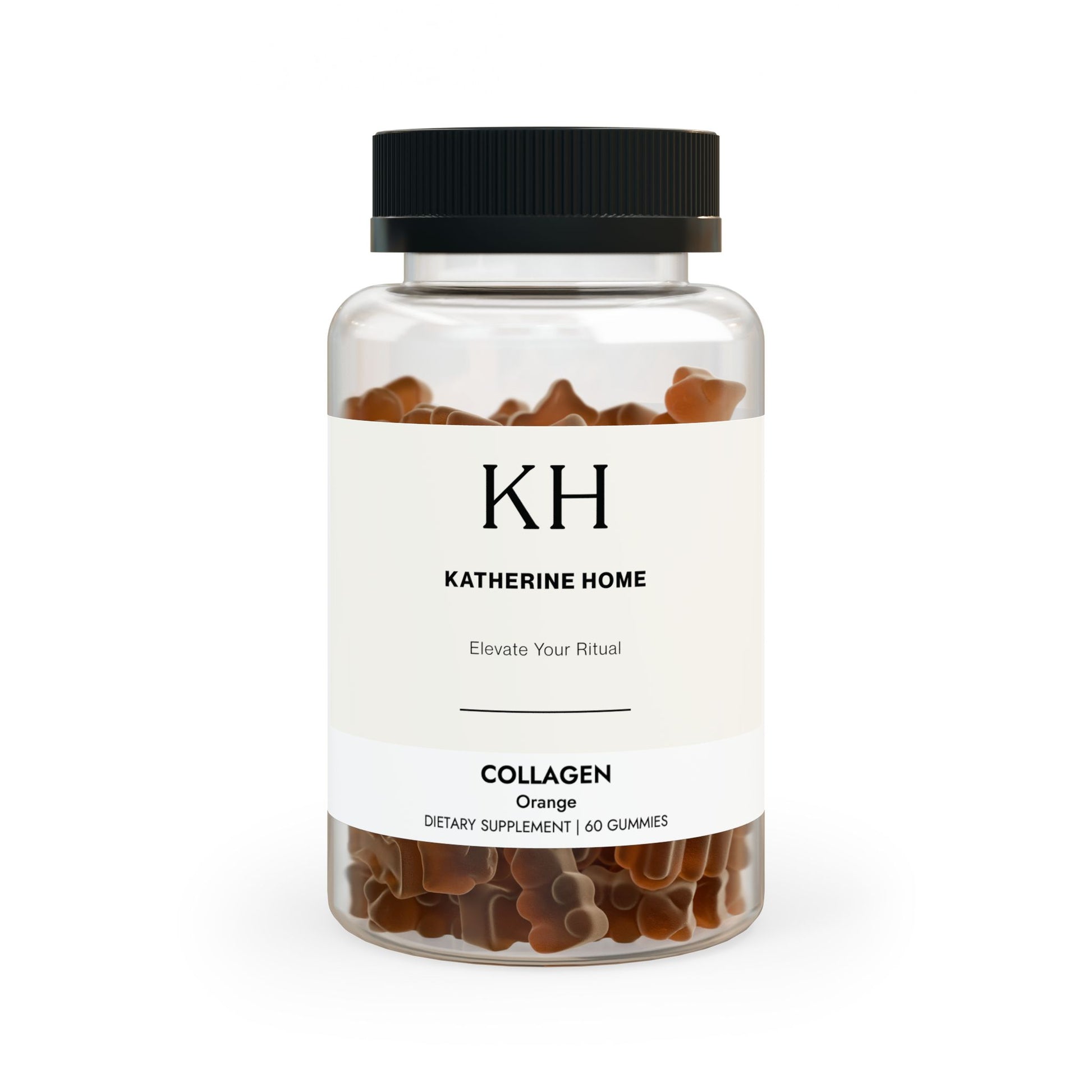 Front-facing bottle showing the KH minimalist label and amber-hued collagen gummies.