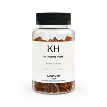Front-facing bottle showing the KH minimalist label and amber-hued collagen gummies.