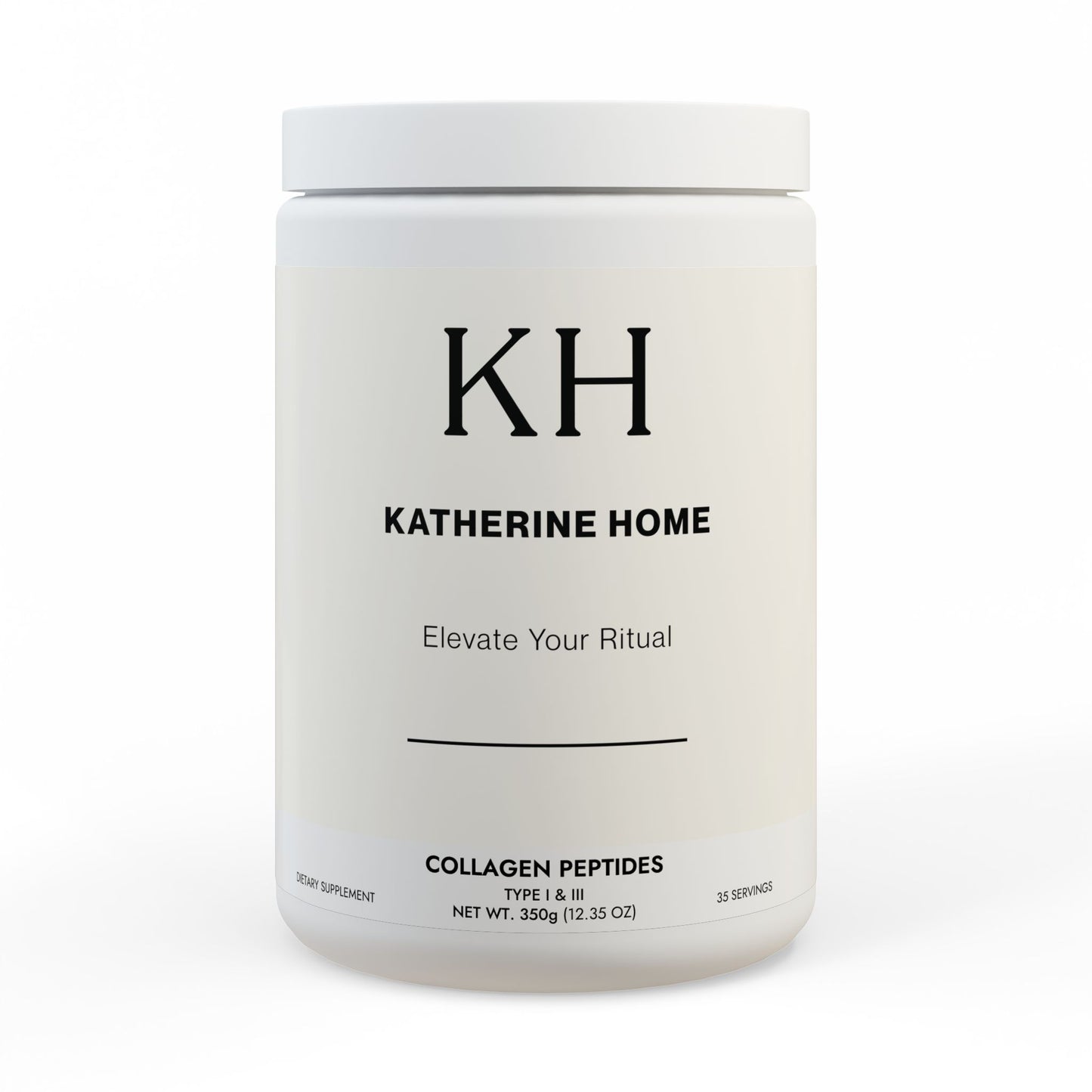 Front view of the collagen supplement jar with minimalist KH branding and clean white design.