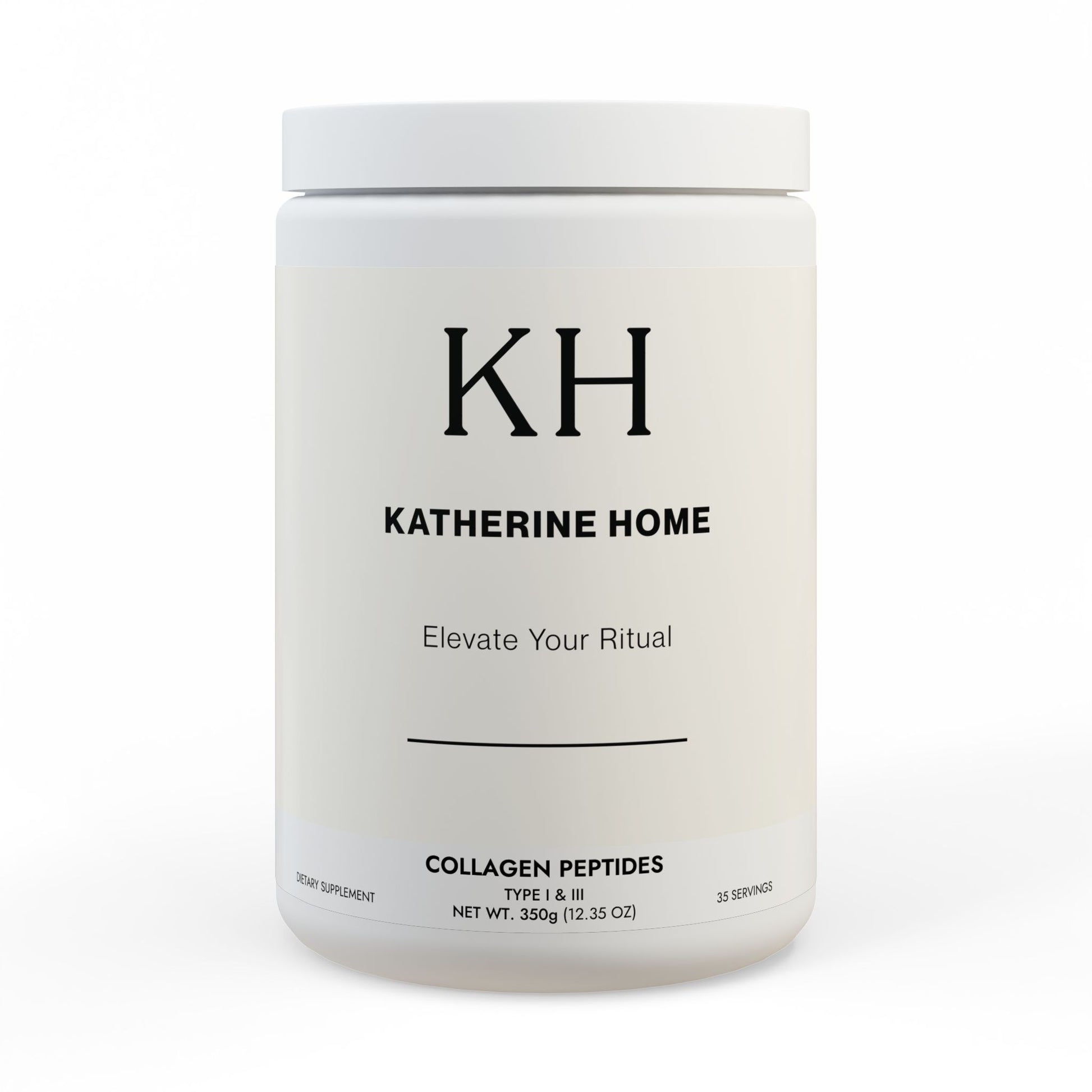 Front view of the collagen supplement jar with minimalist KH branding and clean white design.