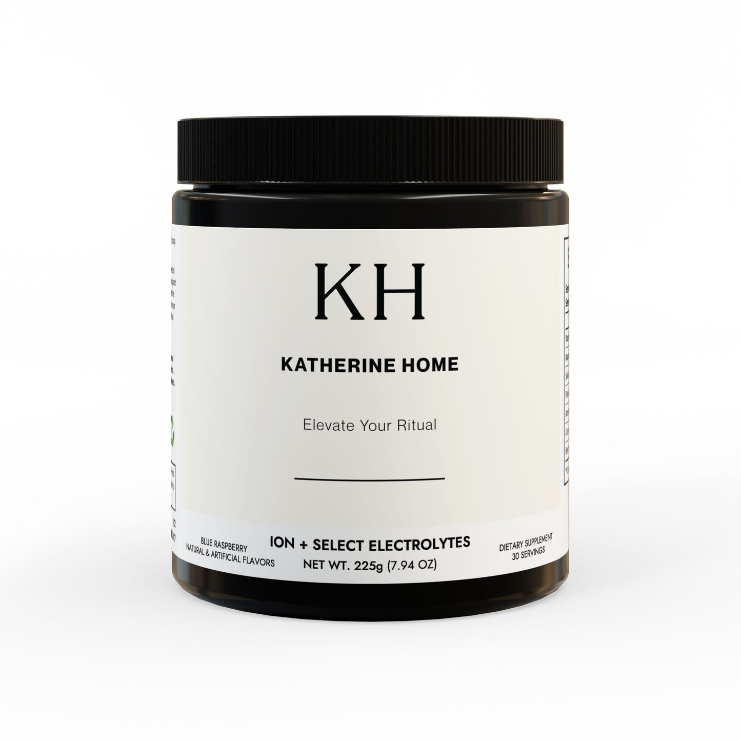  Front-facing jar with KH minimalist branding, highlighting electrolyte and superfood formula.