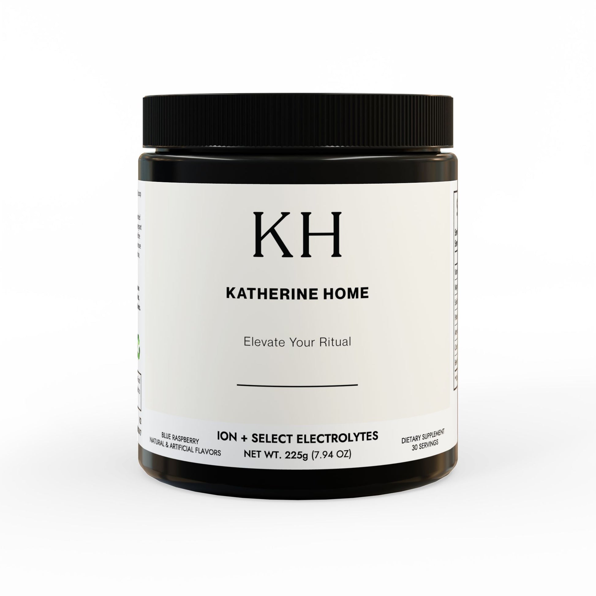  Front-facing jar with KH minimalist branding, highlighting electrolyte and superfood formula.