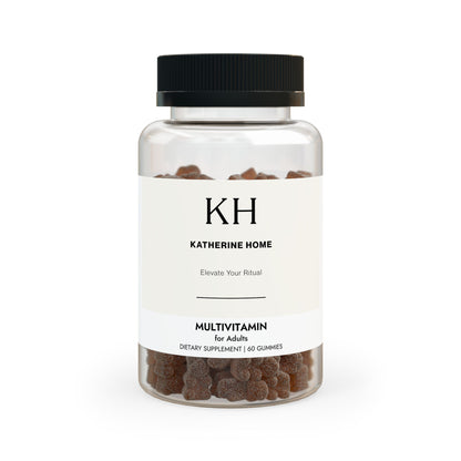 Front-facing image of the Multivitamin Gummies bottle with minimalist KH branding and clear label.