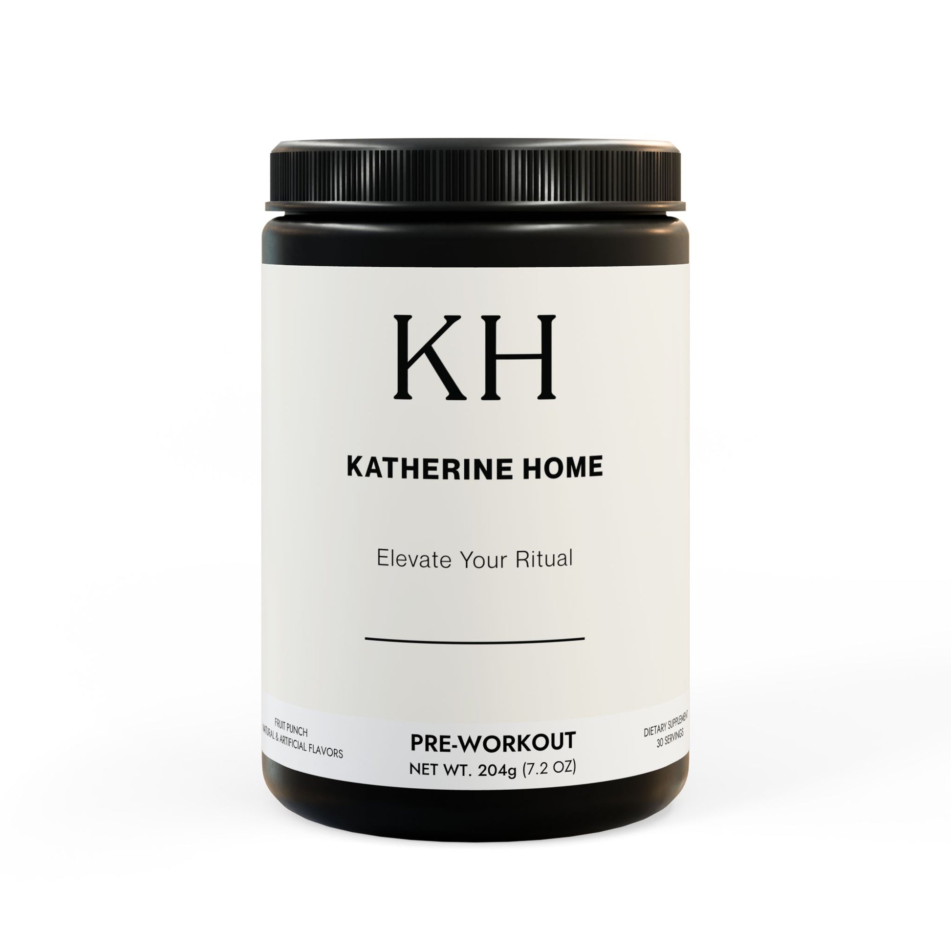 Front view of KH-branded Pre-Workout in fruit punch flavor.