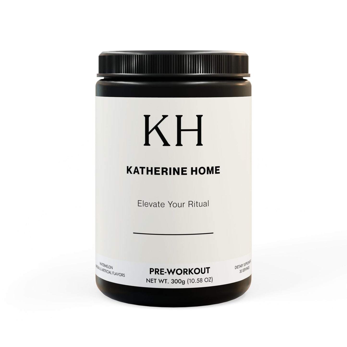 Front view of watermelon pre-workout jar with KH branding for peak performance support.