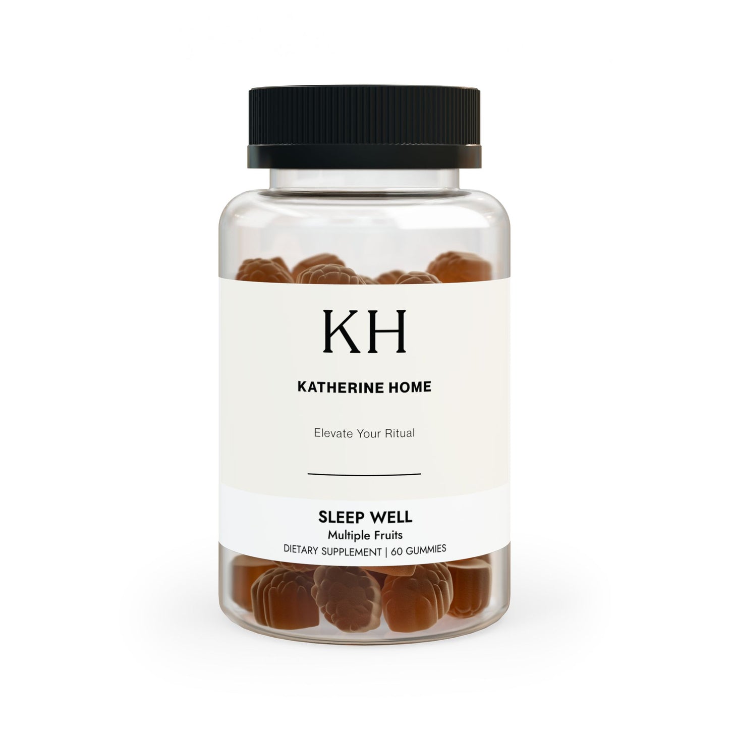 Front view of the Sleep Well Gummies bottle with minimalist KH branding and amber-colored gummies inside.