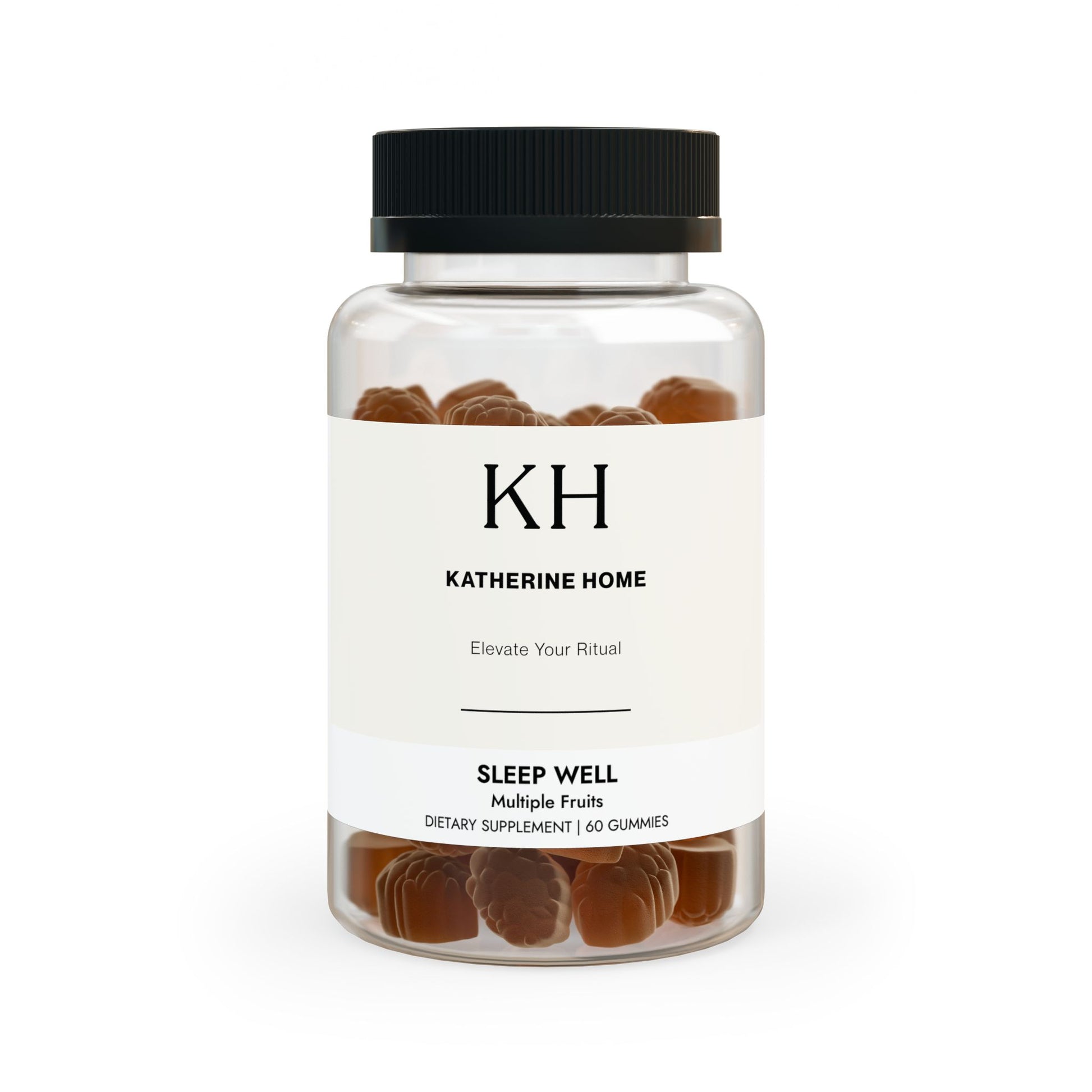 Front view of the Sleep Well Gummies bottle with minimalist KH branding and amber-colored gummies inside.