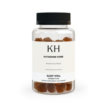 Front view of the Sleep Well Gummies bottle with minimalist KH branding and amber-colored gummies inside.