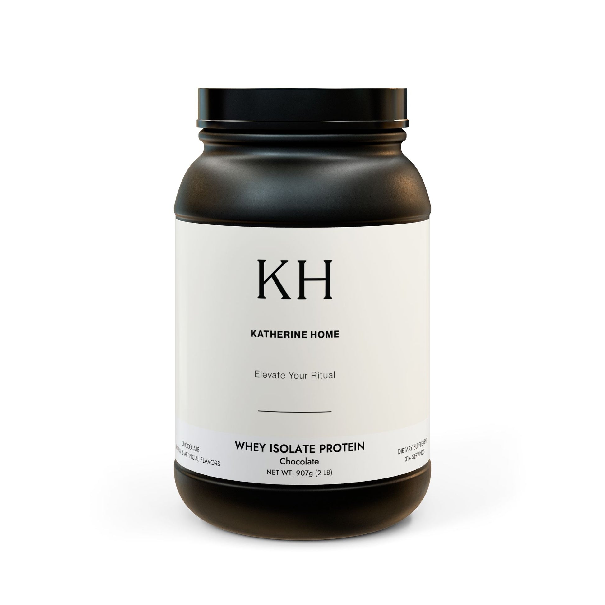 Front view of the black protein tub with minimalist KH branding and product label.
