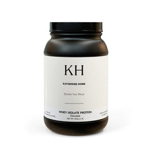 Front view of the black protein tub with minimalist KH branding and product label.